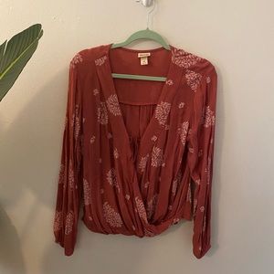 Red Patterned Wrap-Like Blouse